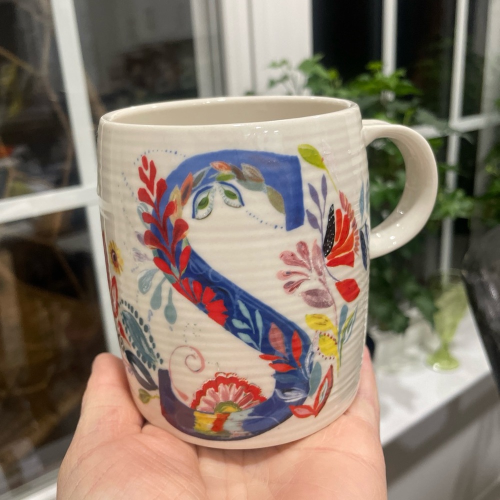 Anthropologie PETAL PALETTE Monogram “S” Starla M Halfmann Floral Mug